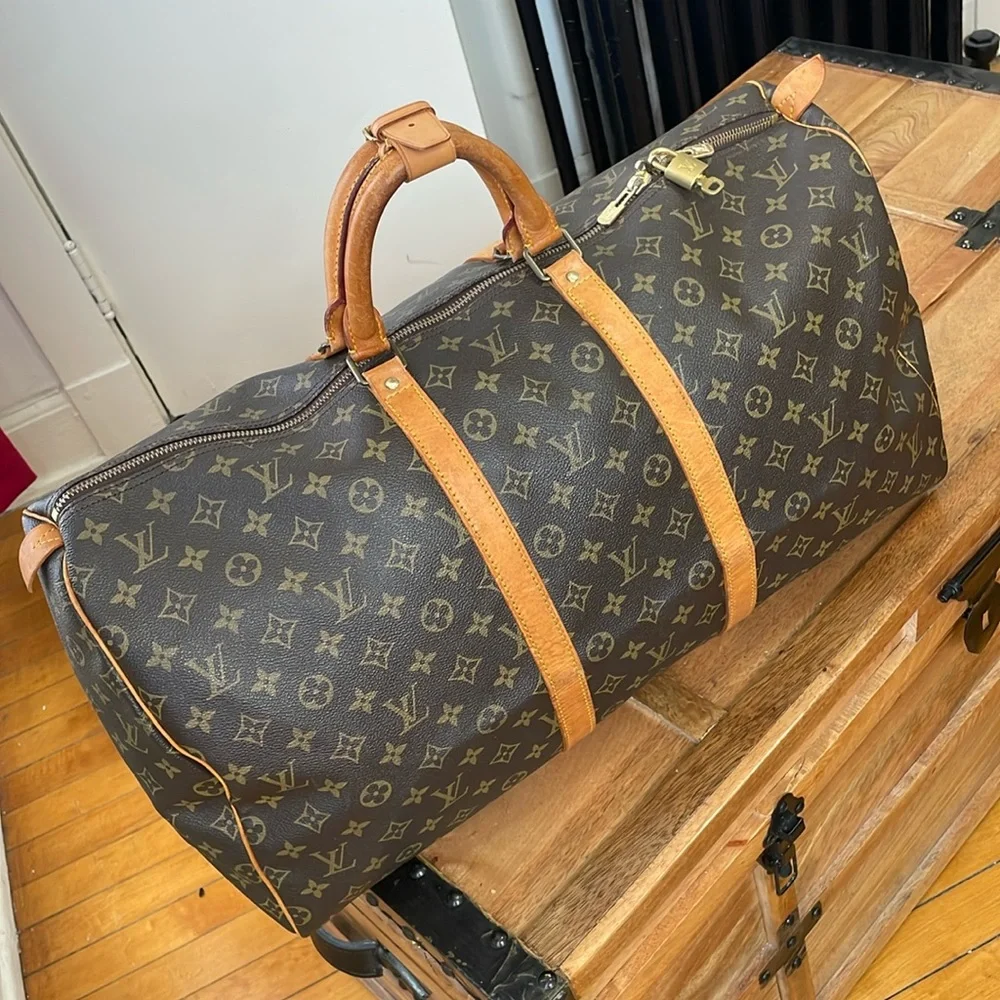 Louis Vuitton Brown Monogram Keepall Duffel with Tan Leather Trim